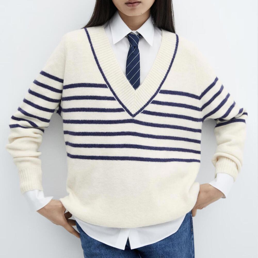 Mango V-Neck Striped Sweater Dark Navy NWT XL